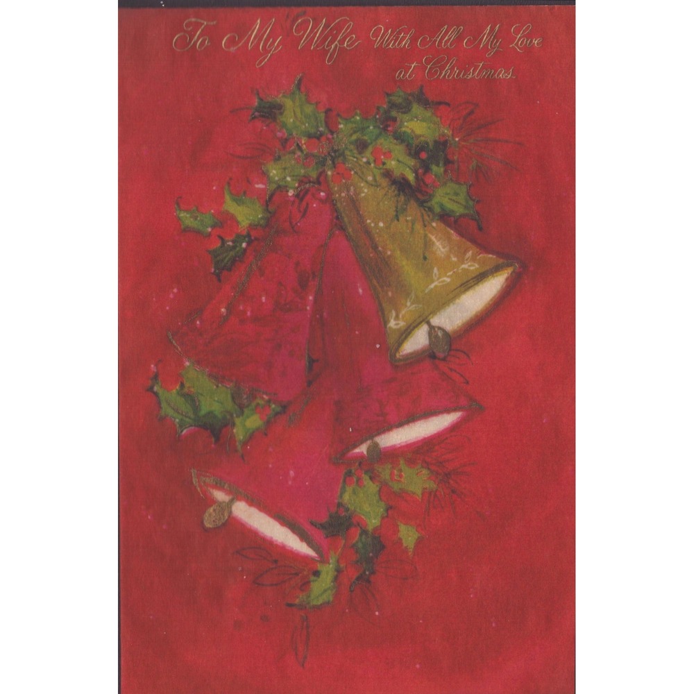 Vintage 1968 Hallmark Christmas Card To My Wife Holly Bells Used